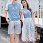 Couple Matching Lettering Short-sleeve T-shirt / Shorts / Set: Lettering Short-sleeve Long T-shirt + Mesh Midi Skirt