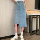 Frayed Irregular Midi A-line Denim Skirt