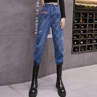 High-waist Lettering Straight-leg Jeans