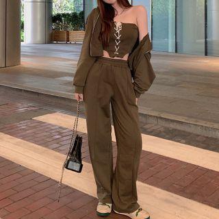 Lace-up Bandeau / Long-sleeve Hooded Jacket / High-waist Sports Pants
