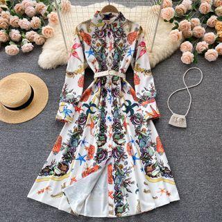 Lapel Print Puff-sleeve Dress