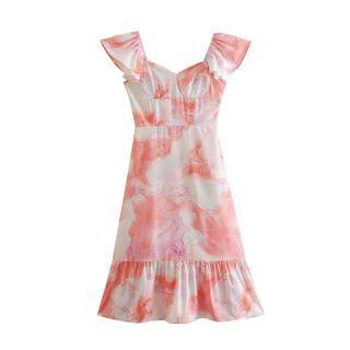 Ruffle Sleeves Tie-dyed Midi A-line Dress