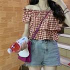 Off-shoulder Gingham Cropped Blouse Red & White - One Size