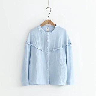 Single-breasted Long-sleeved Frill Plain Blouse