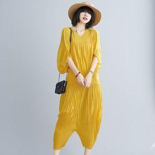Set: V-neck Elbow-sleeve Blouse + Cropped Harem Pants