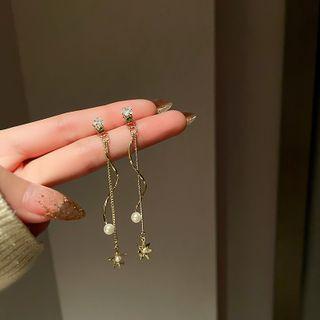 Rhinestone Faux Pearl Star Fringed Earring 1 Pair - Silver Pin - Gold - One Size