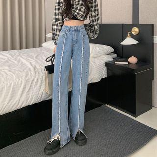 Fringed Trim Front-slit Loose Fit Jeans