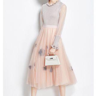 Set: Mesh Panel Knit Top + Flower Accent Midi A-line Skirt