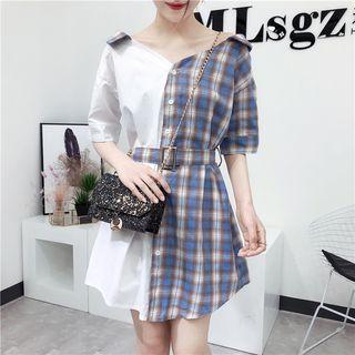 Elbow-sleeve Plaid Panel Shirtdress With Belt