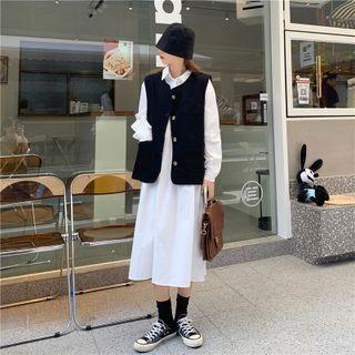 Plain Single Breasted Vest / Long-sleeve Plain Loose Fit Dress