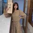 Long-sleeve Floral Print Mid A-line Dress