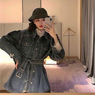 Mock-neck Lace Long-sleeve Top / Denim Jacket