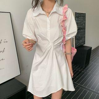 Puff-sleeve Henley Mini Shirtdress