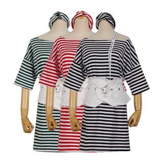 Set: Short-sleeve Striped T-shirt Dress + Belt + Head Band