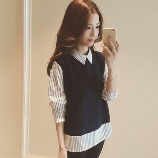 Mock Two-piece Knit Panel Striped Shirt