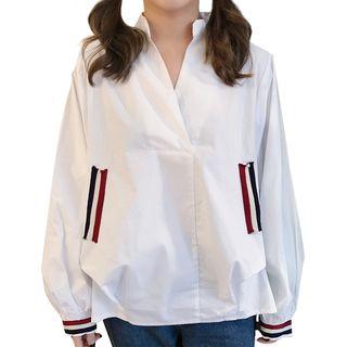 Striped Applique Split Neck Shirt