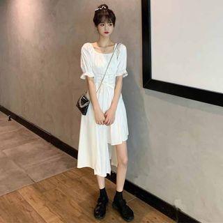 Asymmetrical Puff-sleeve Lace-up Midi A-line Dress