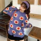 Flower Jacquard Sweater Purple - One Size