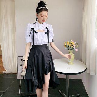 Puff-sleeve Cut-out Blouse / Asymmetrical Midi A-line Skirt