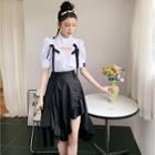Puff-sleeve Cut-out Blouse / Asymmetrical Midi A-line Skirt