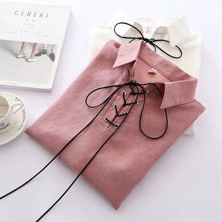 Lace-up Neck Gather Cuff Blouse
