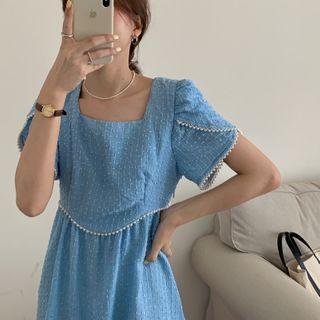 Faux Pearl Trim Square-neck Dress