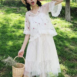 Set: Elbow-sleeve Embroidered Top + Spaghetti Strap A-line Midi Dress
