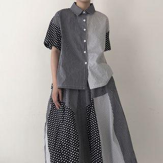 Set: Short-sleeve Color Block Striped Polka Dot Shirt / High-waist Color Block Striped Polka Dot Skirt