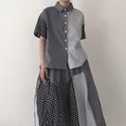 Set: Short-sleeve Color Block Striped Polka Dot Shirt / High-waist Color Block Striped Polka Dot Skirt