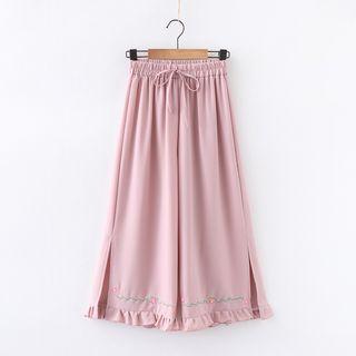 Flower Embroidered Ruffle Trim Wide-leg Cropped Pants