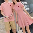 Couple Matching Short-sleeve Heart Embroidered Polo Shirt / Polo Dress / Shorts