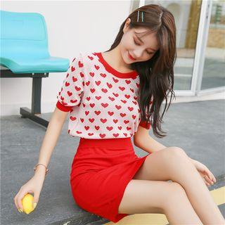 Set: Heart Pattern Short-sleeve Knit Top + A-line Skirt