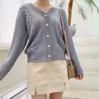 Faux-pearl Button Cable-knit Cardigan Light Blue - One Size