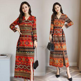 Long-sleeve Tribal Pattern Midi A-line Dress