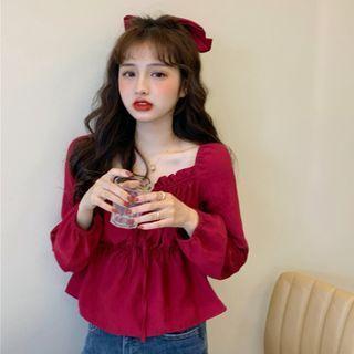 Square Neck Chiffon Blouse Red - One Size