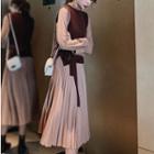 Set: Knit Vest + Long-sleeve Midi Shift Dress