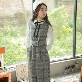 Set: Tie Neck Blouse + Plaid Jumper Midi Dress
