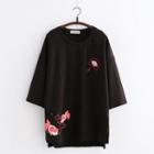 Fish Print Embroidered Elbow-sleeve T-shirt Black - One Size