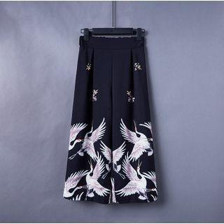 Cropped Wide-leg Crane Print Pants