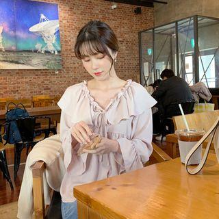 Beribboned Frilled Blouse Beige - One Size