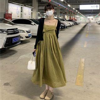 Spaghetti-strap Plain Midi A-line Dress / Cardigan