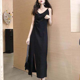 V-neck Midi Spaghetti Strap Dress Black - One Size