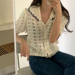 Short-sleeve Pointelle Lace Knit Top Beige - One Size