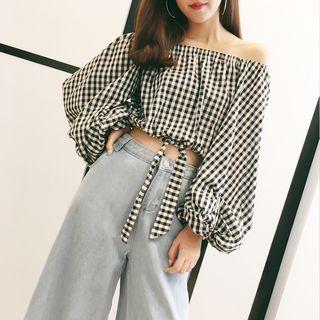 Gingham Off-shoulder Long-sleeve T-shirt