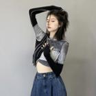 Long-sleeve Color Block Tie Dye Cropped T-shirt Gray - One Size