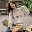 Flower Print Collared Sweater Beige Gray - One Size