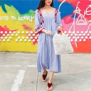 Flower-embroidered Striped Long Dress