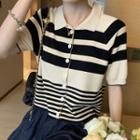 Short-sleeve Collar Striped T-shirt Black Stripe - Off-white - One Size