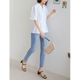 Notch-collar Pintuck-waist Blouse