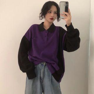 Polo Collar Color Block Pullover Purple - One Size